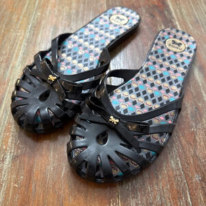 Zaxy Black Jelly Bow Slide Sandals - Diamond Heart Print - Women's 10 Pool Shoes